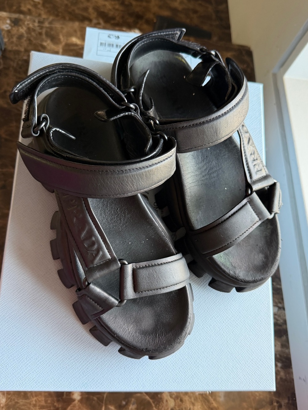 Prada women Black Leather Platform Sandals with Rugged Sole